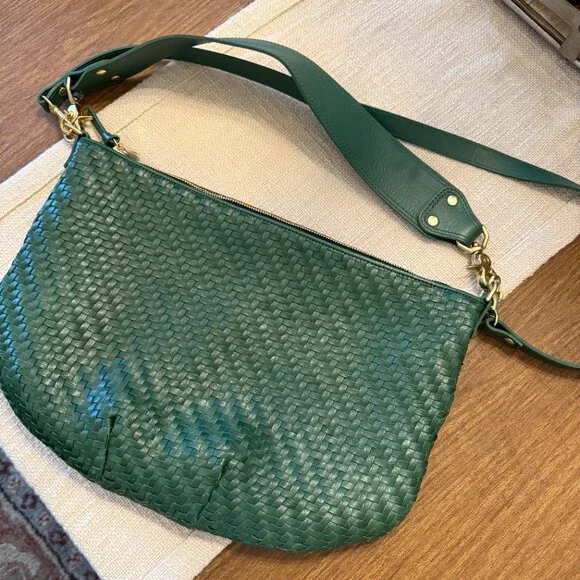 Clare V Moyen Messenger Bag in Evergreen Green Woven Zig Zag - Picture 2 of 16